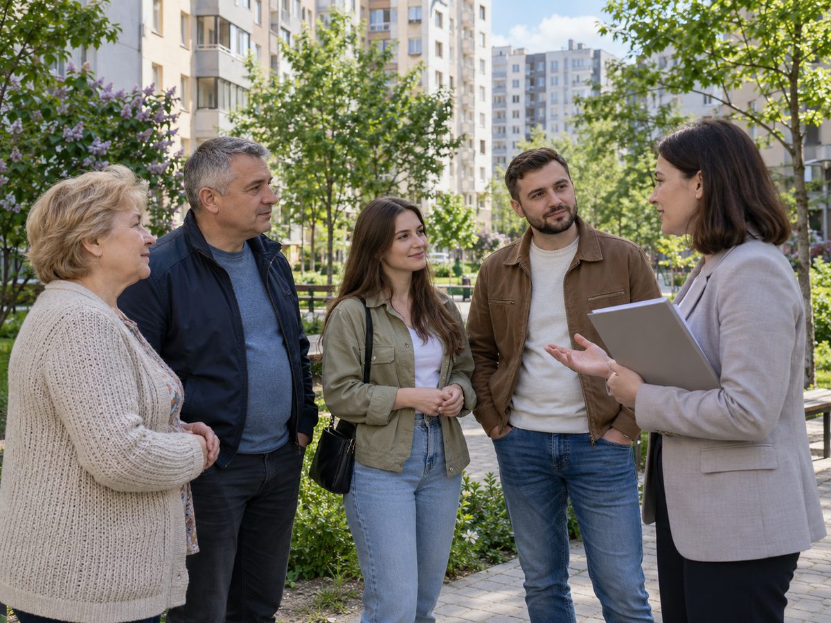 Консультант Home Union розмовляє з мешканцями у дворі будинку